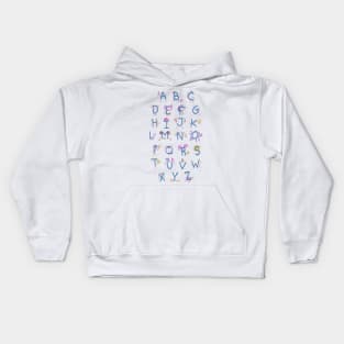 Cute alphabet characters | A to Z | pink blue purple on charcoal Kids Hoodie